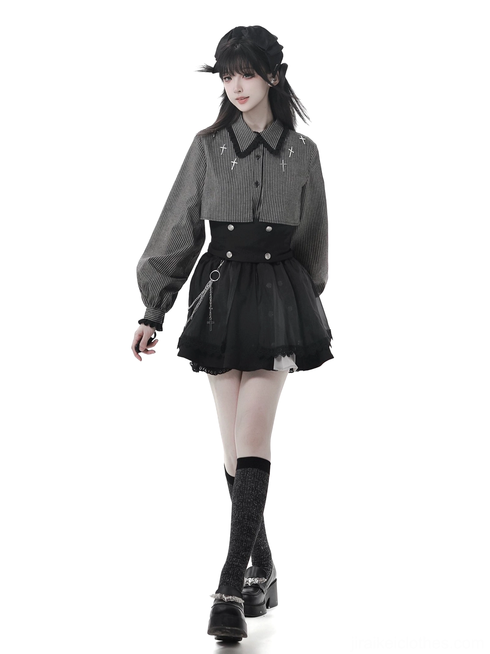 Jirai Kei minimalist short black skirt with striped cropped blouse waist chain accessory full-body front view