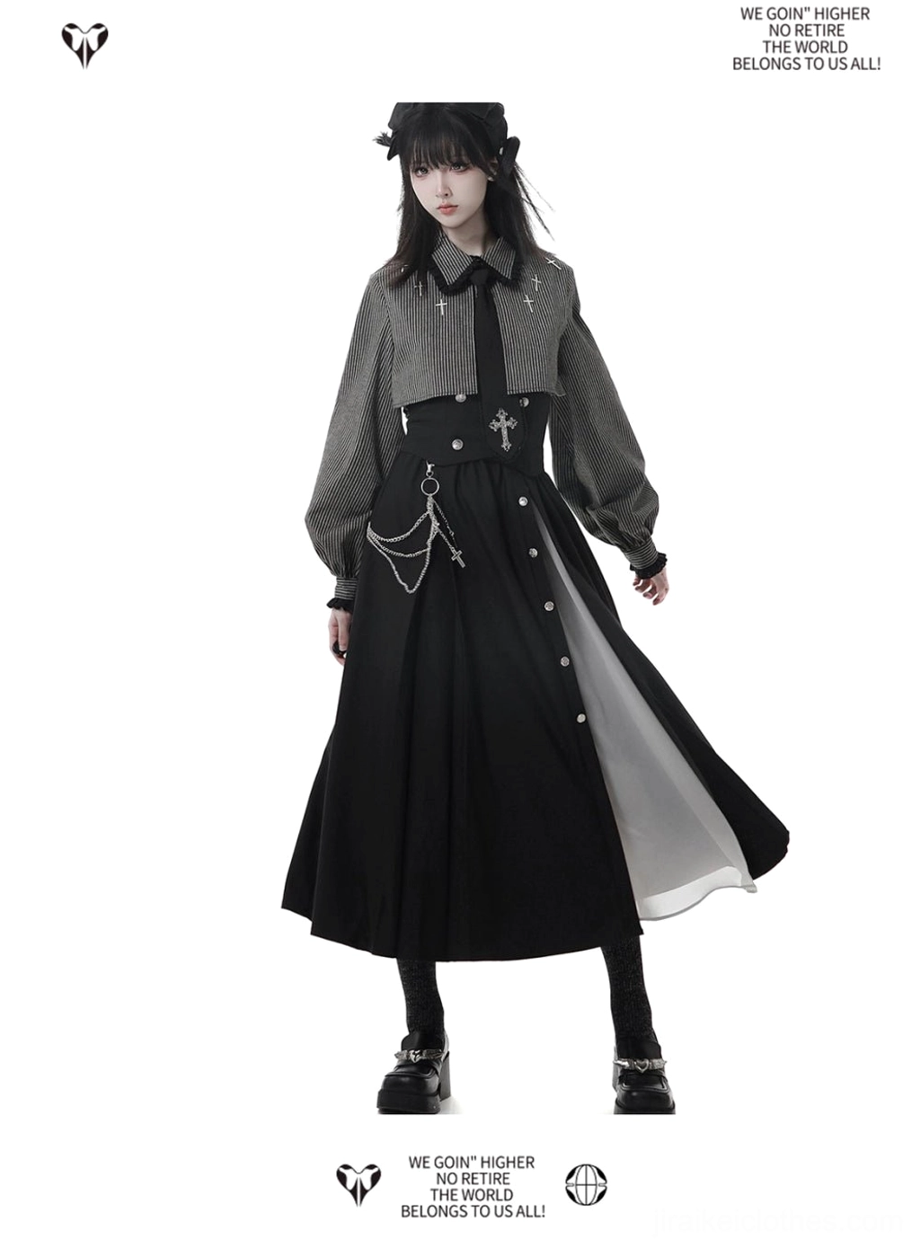 Jirai Kei ruffled short skirt with cropped striped blouse waist chain and cross buckle half-body front view detail