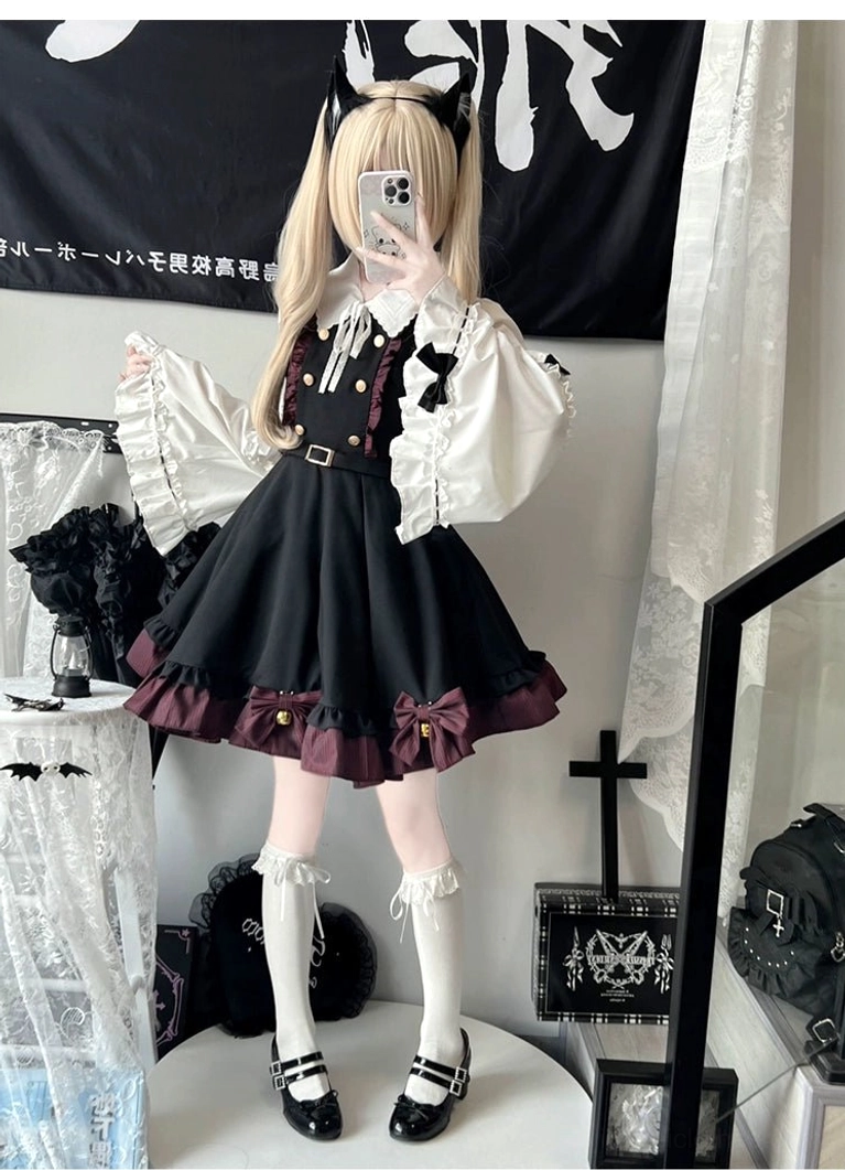 Short-sleeve blouse component of Jirai Kei school uniform set in crisp white with bow tie collar, ruffled cuffs, and front button closure