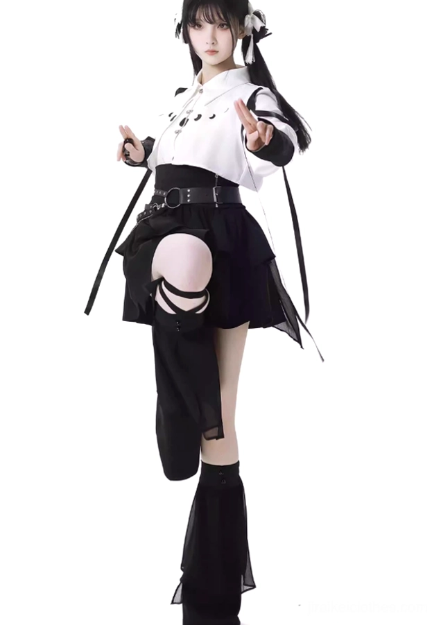Dynamic full body view of Jirai Kei short set featuring white cropped blouse, black tiered skirt with movement, black leg warmers with lace-up straps, and gothic hair ornaments
