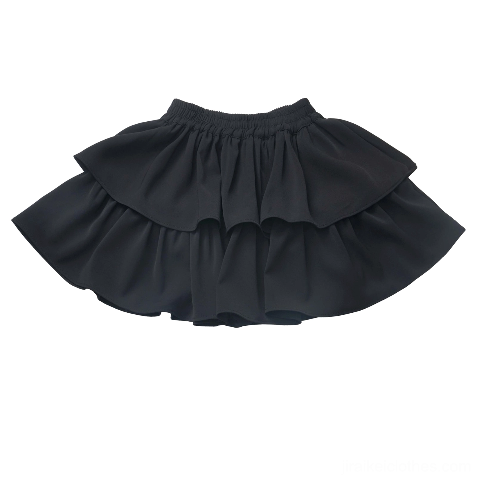 Jirai Kei short tiered skirt size comparison across S M L sizes showing consistent architectural design, tiered volume, and elastic waistband across sizing options