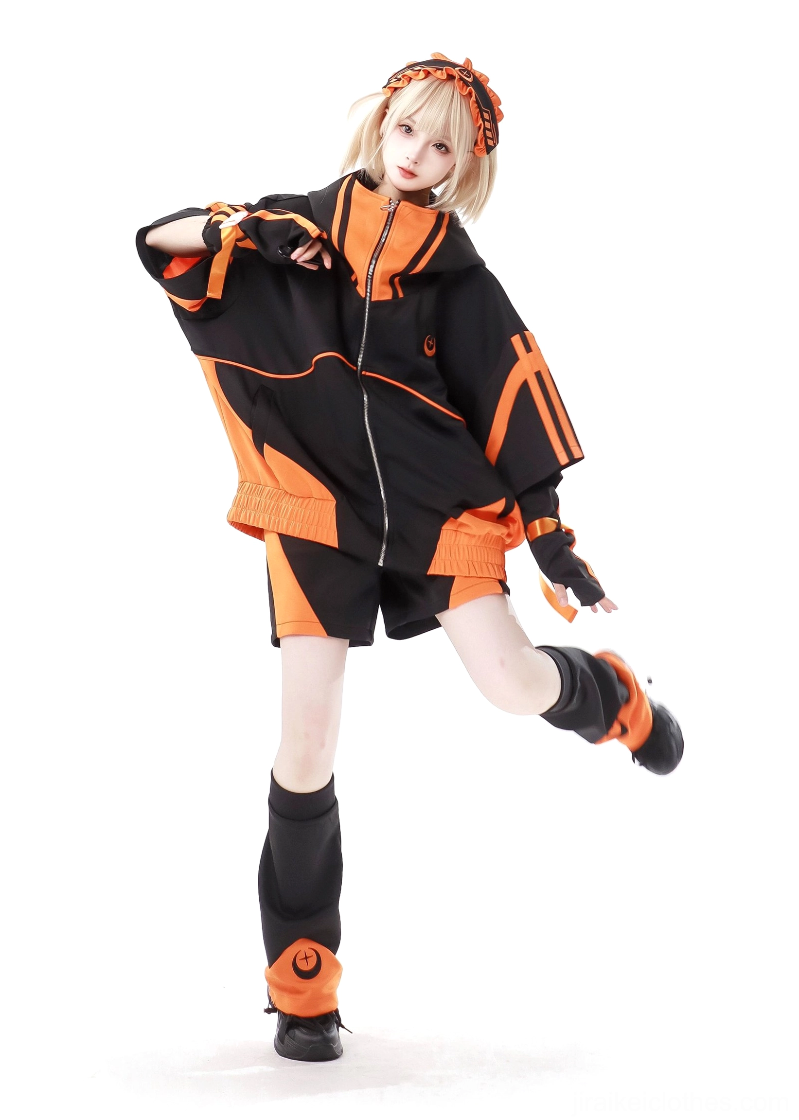 Black-orange Jirai Kei shorts elastic waistband individual component matching color scheme display back view