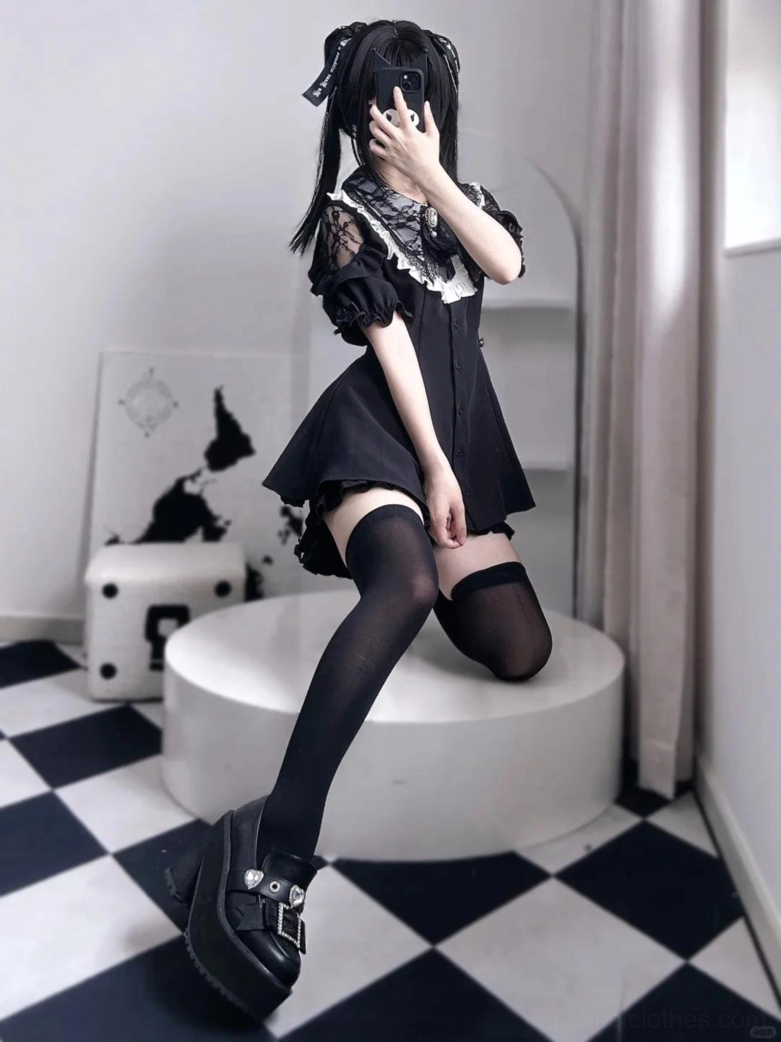 Jirai Kei dress set shorts detail showing elastic waistband with ruffled hem for flexible all-day comfort and playful styling