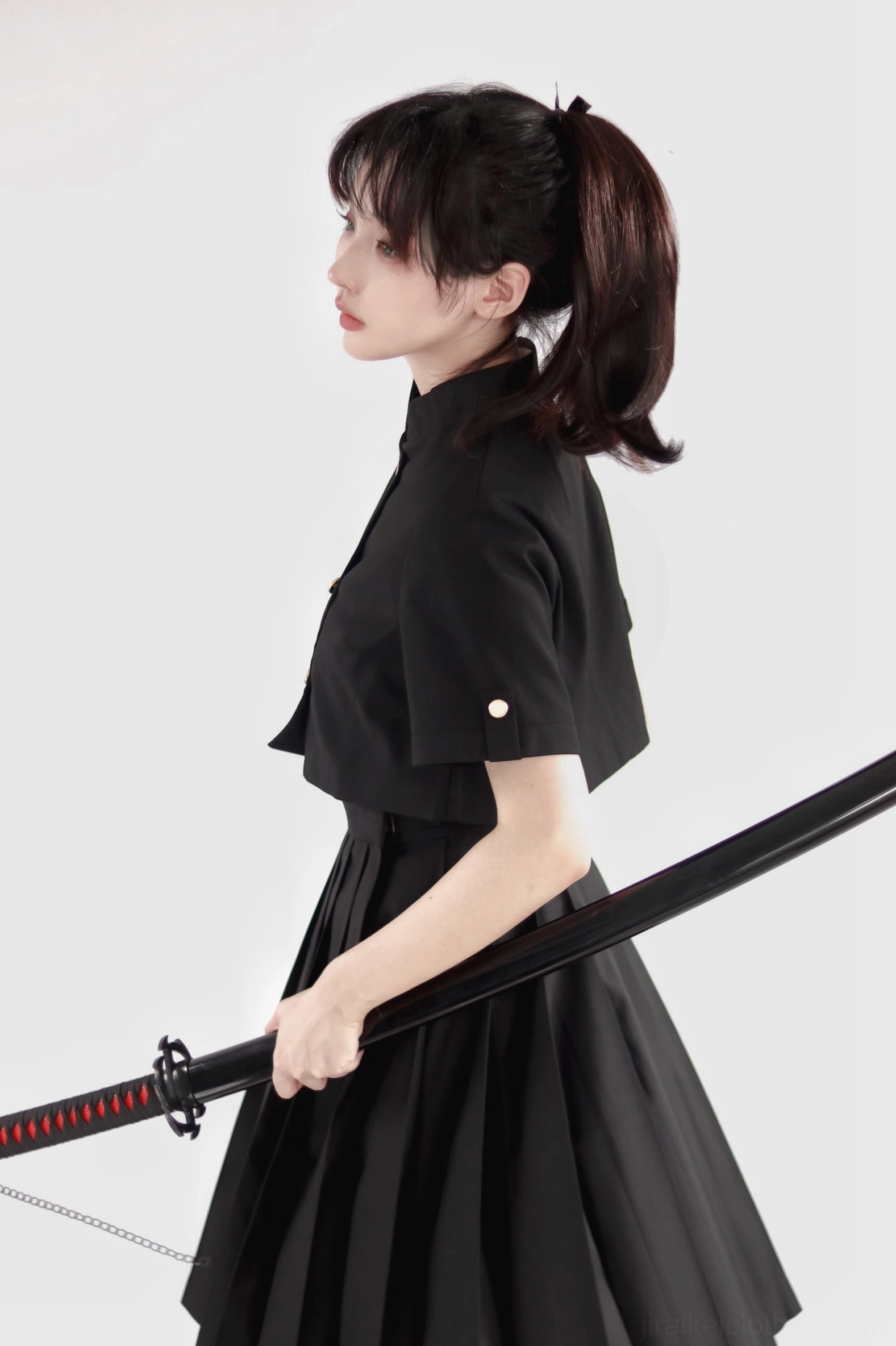 Jirai Kei uniform six skirt lengths comparison flat lay black pleated different sizes line-up