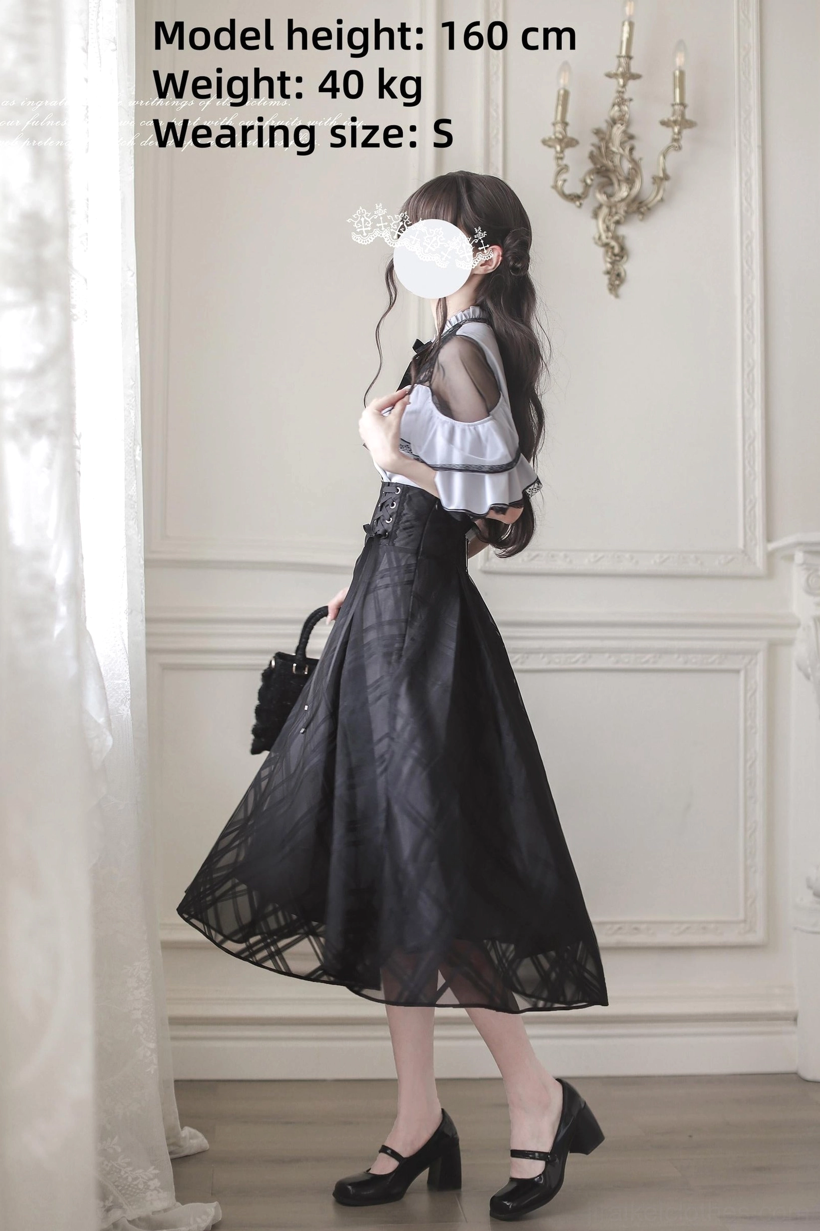 Jirai Kei blouse and maxi skirt back view, model height 160cm weight 40kg size S carrying black handbag, demonstrating garment fit and silhouette from rear angle