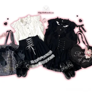 Flat lay composition of jirai kei coordinate set including lace-up skirt, ruffled blouse, heart-shaped bag, mary jane platform shoes and accessories detail view
