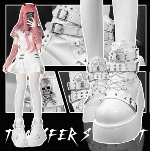 Jirai Kei skull rivet platform combat boots multi-view showcase white and black colorways gyaru fashion style