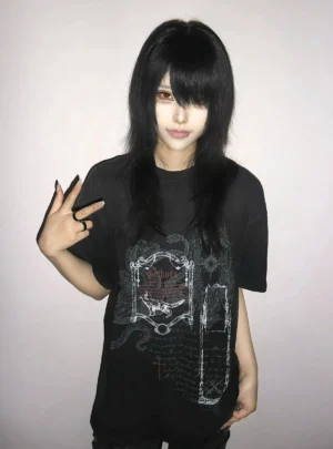 Jirai Kei snake mirror gothic cotton tee front view on model with long black hair showcasing silver and dark red graphic print