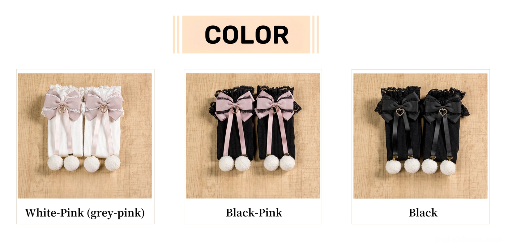 Jirai Kei lace bow pom-pom socks care and styling guide informational product shot showing maintenance tips and outfit coordination suggestions