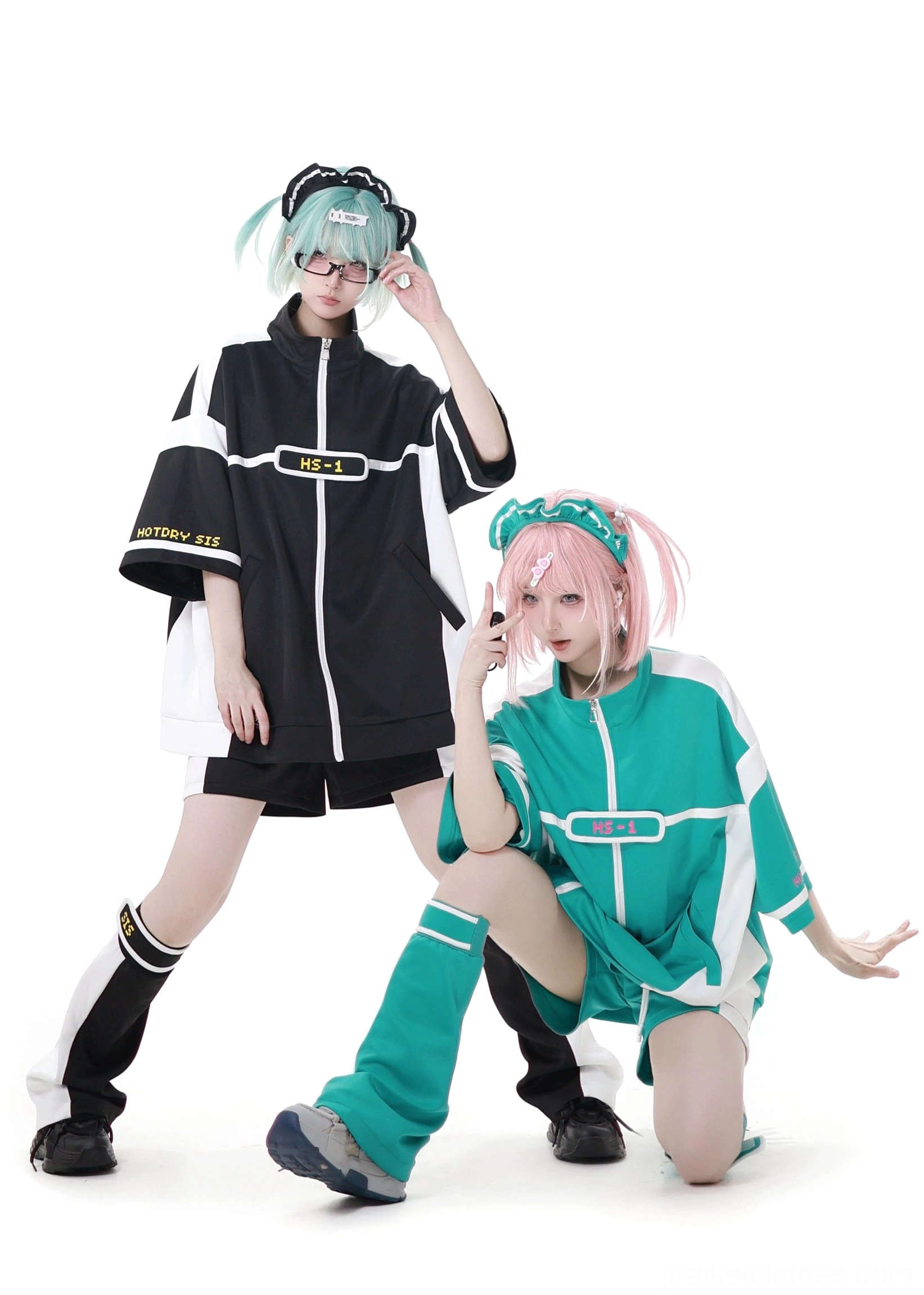 Jirai Kei sporty collection mixed dynamic shots black teal color variants standing kneeling models