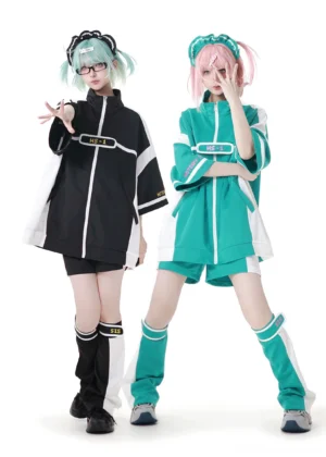 Jirai Kei sporty set front view playful models color block jacket matching track shorts athletic wear