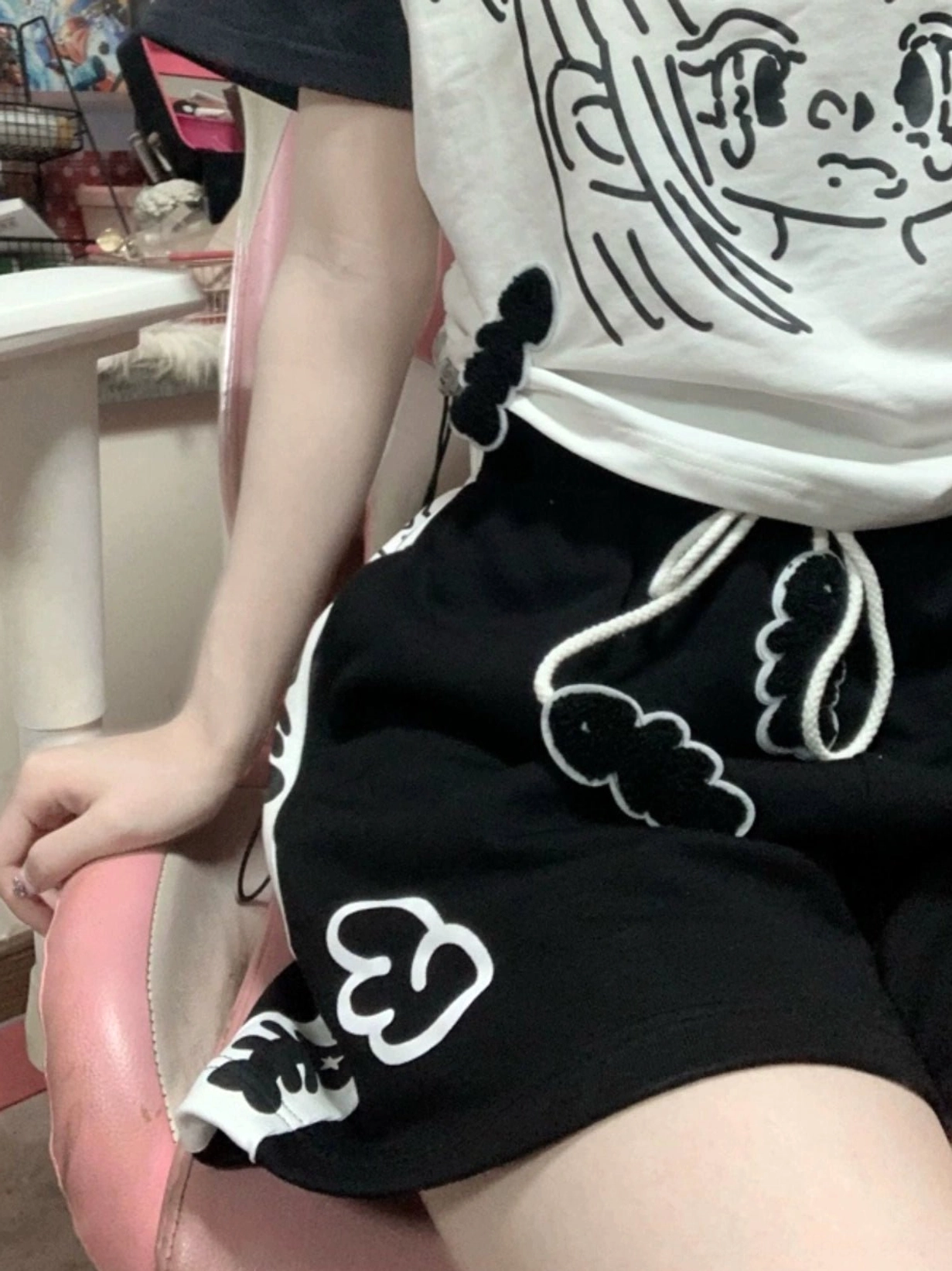 Cloud embroidered jirai kei sports shorts product flat lay anime fashion casual wear multiple color options style guide