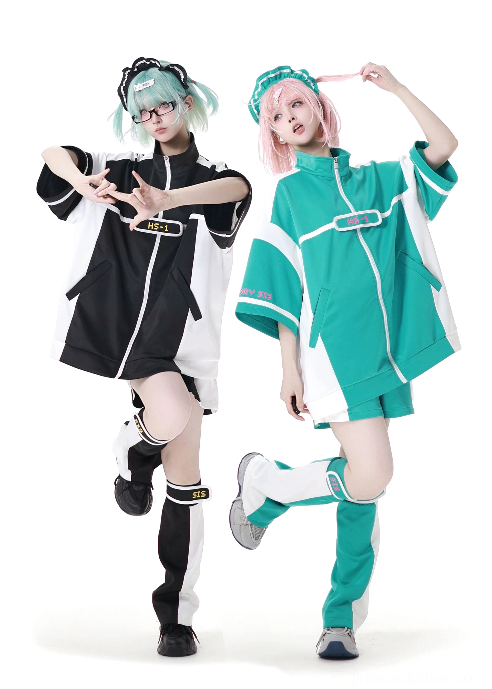 Jirai Kei sporty outfit three quarter dynamic shot leg lift pose color block leg warmers loose fit