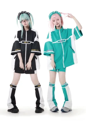 Black and green Jirai Kei sporty activewear set full body front view two models studio wear loose fit jacket matching leg warmers
