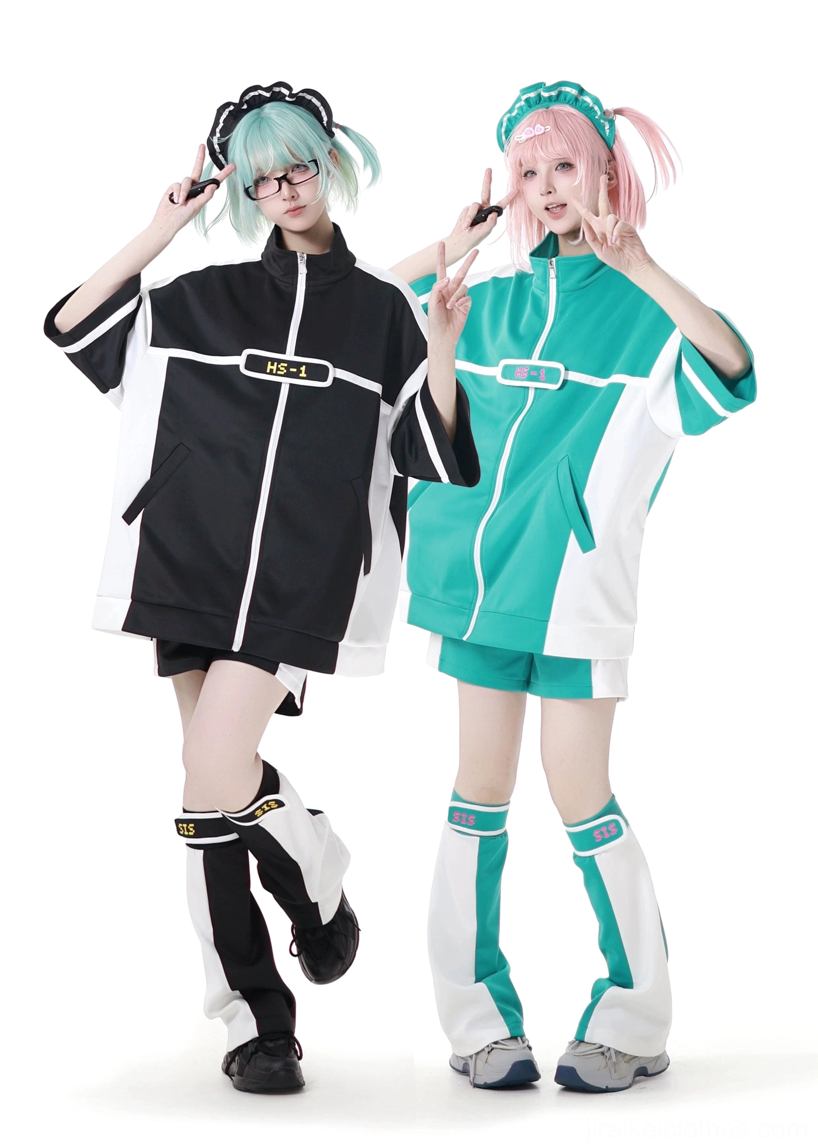 Jirai Kei activewear side view models branded jacket details leg warmer trim casual standing pose