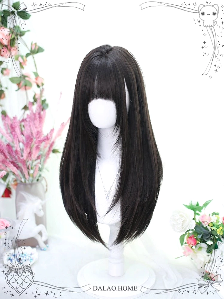 Black brown Jirai Kei medium length straight wig natural bangs neat style 60cm synthetic fiber