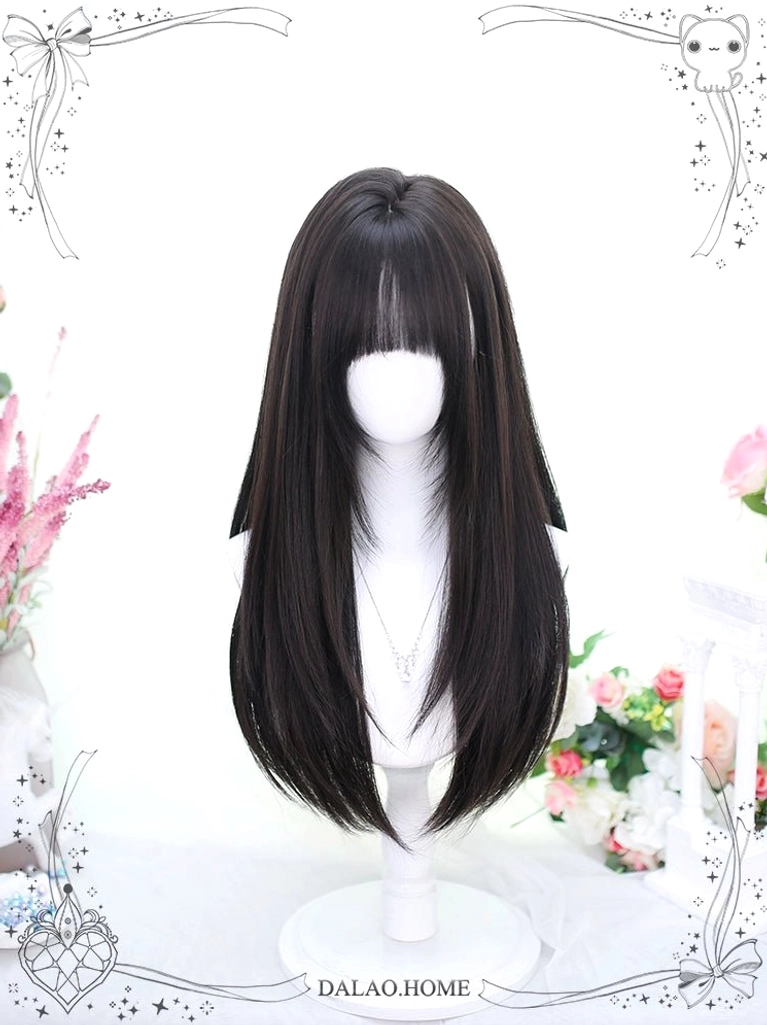 Jirai Kei straight wig blunt cut ends smooth texture black brown 60cm medium length bangs front