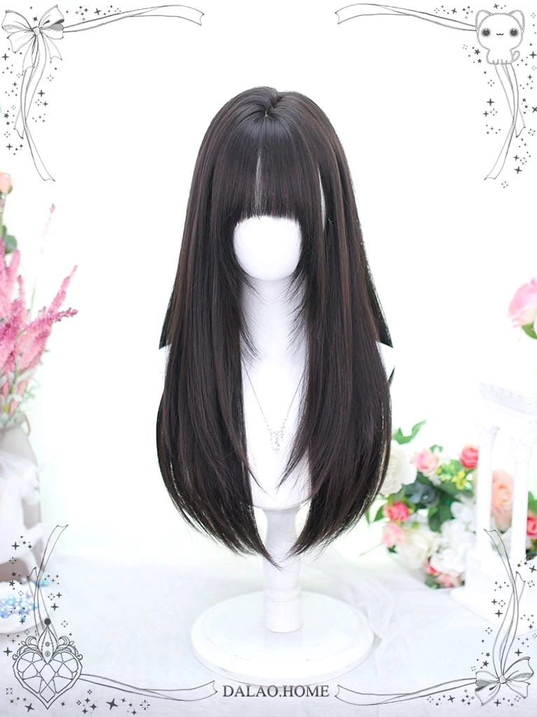 Jirai Kei straight wig black brown 60cm blunt bangs smooth glossy hair texture front view studio