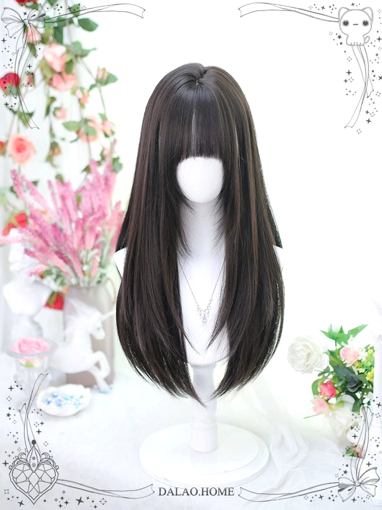 Black brown Jirai Kei straight wig long straight hair neat bangs 60cm medium length front view