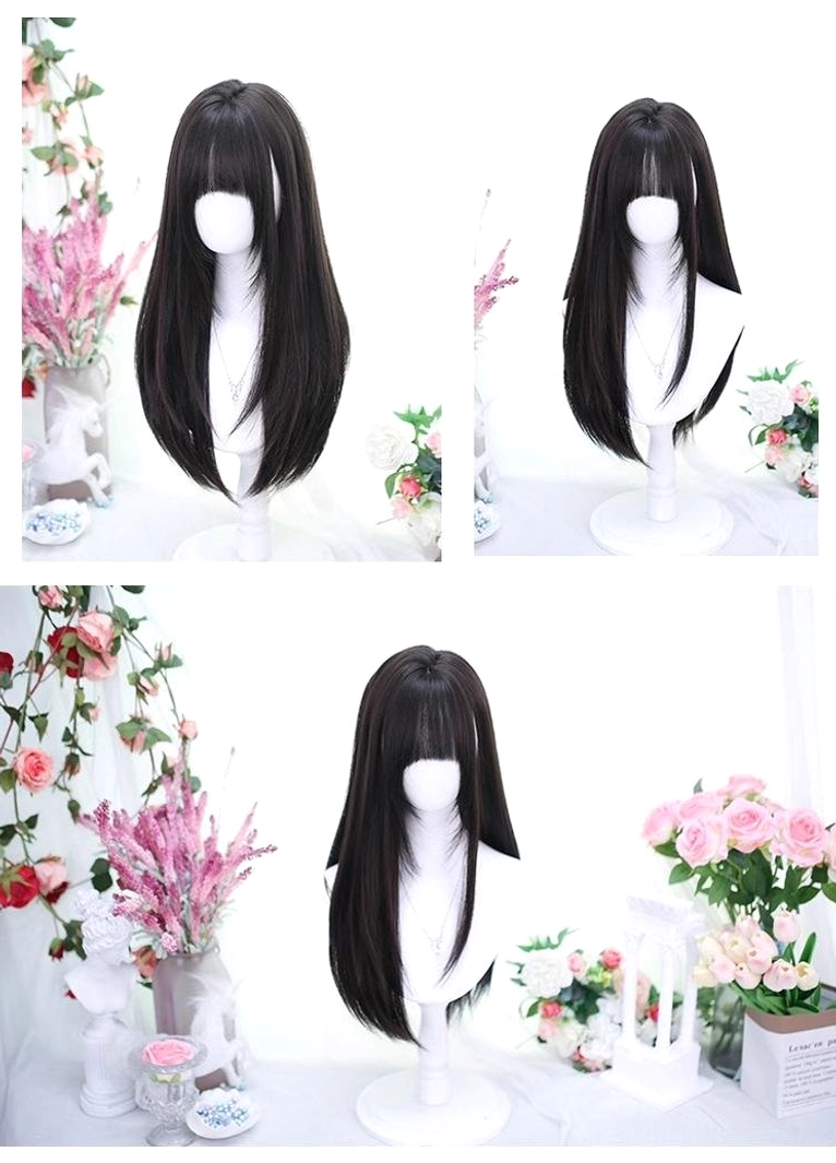 Black brown Jirai Kei medium length straight wigs bangs long straight hairstyle 60cm multiple angles