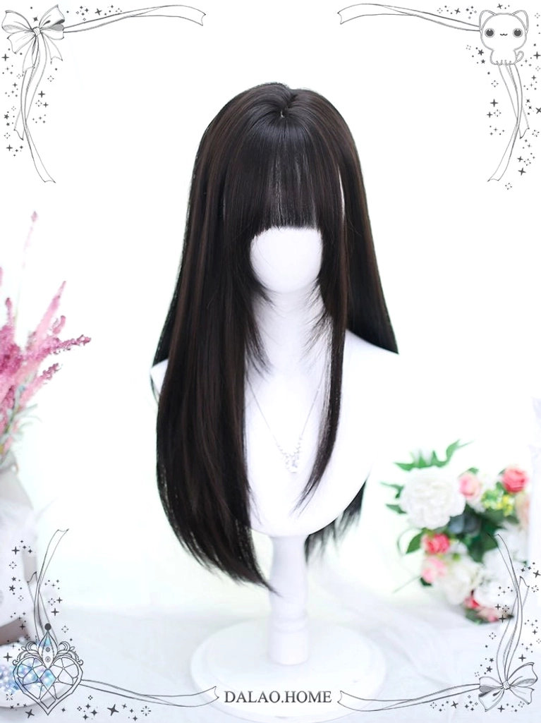 Black brown Jirai Kei straight wig 60cm medium length sleek straight hair bangs front display