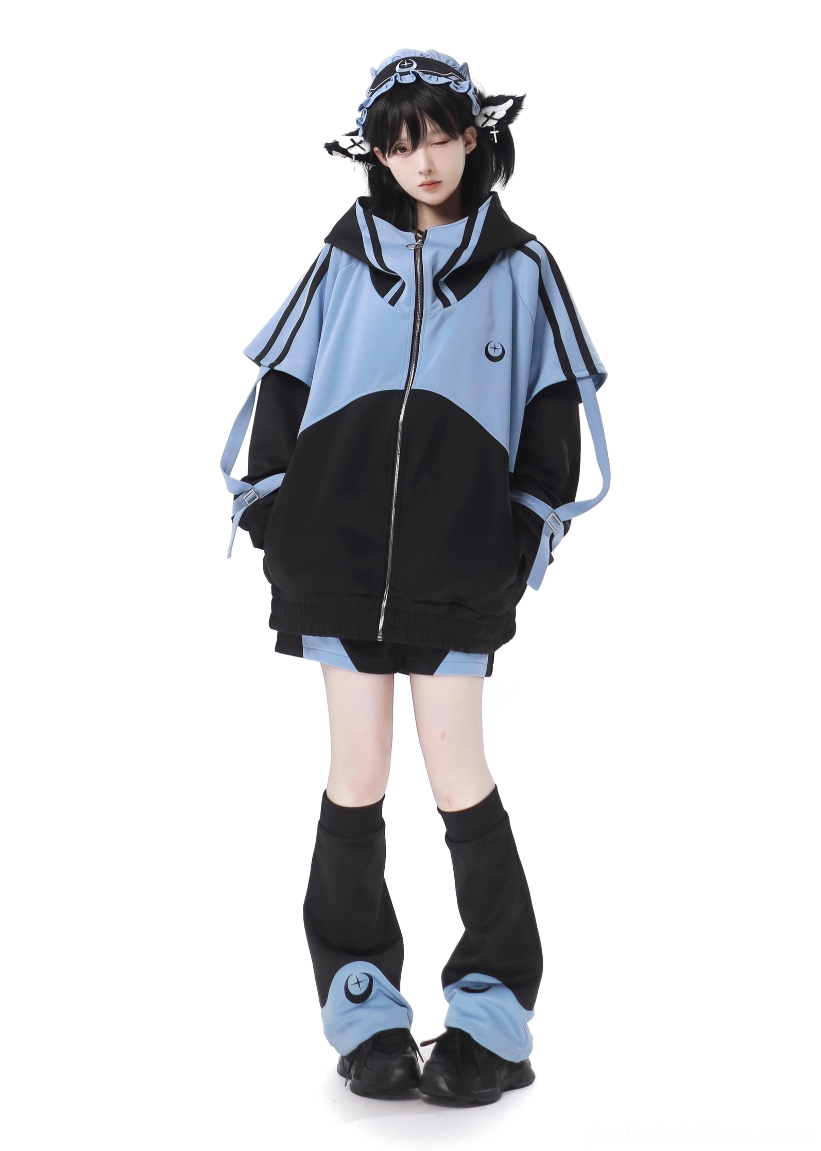 Jirai Kei streetwear set front full body standing shot sleeve strap details matching hair accessory