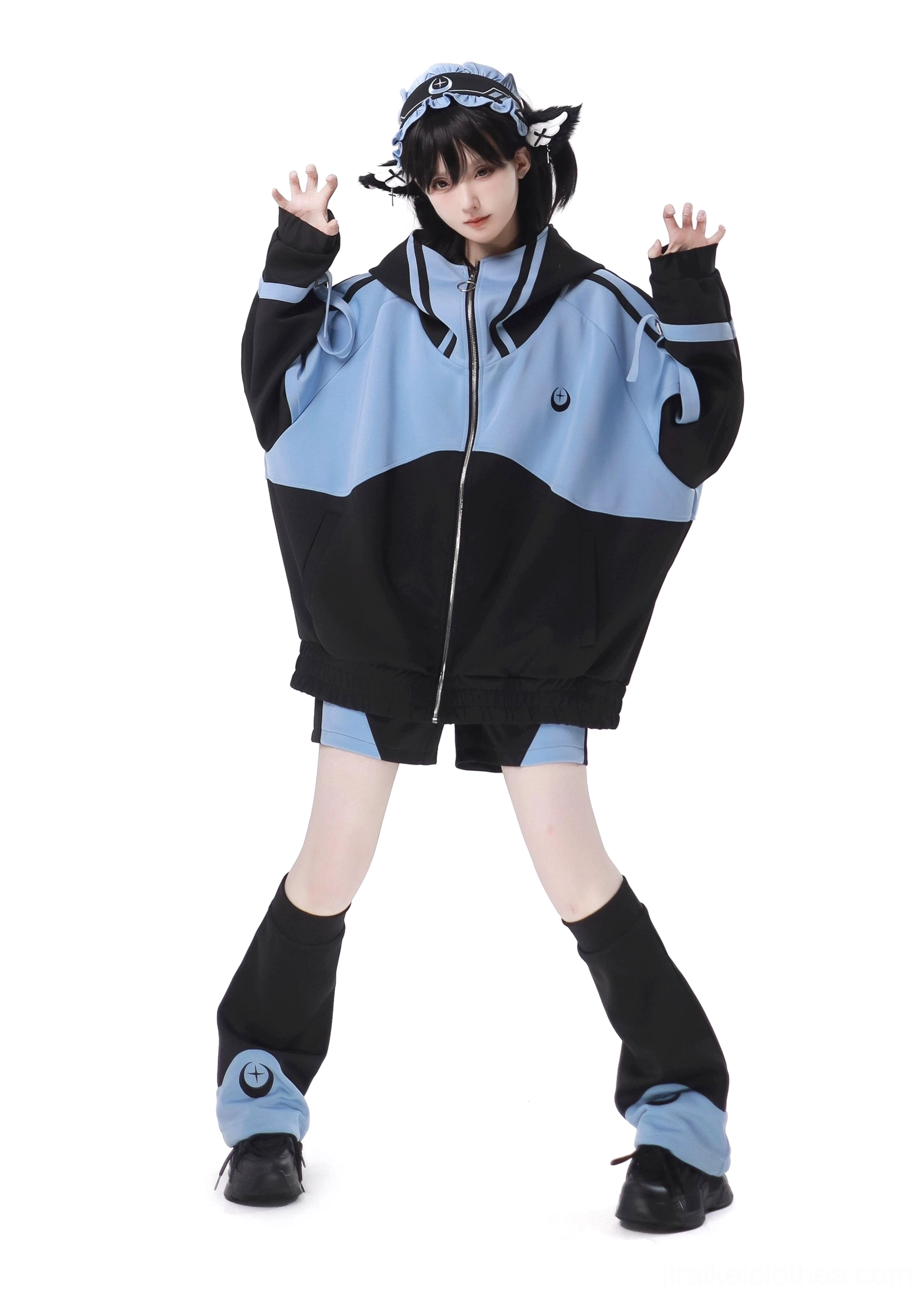 Oversized Jirai Kei streetwear set both hands raised moon star chest logo color block silhouette fit