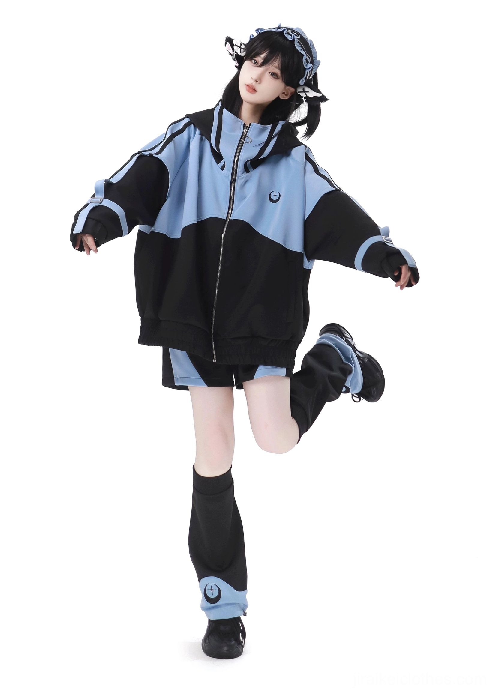Lunar Jirai Kei streetwear set three quarter side angle pose leg lifted zip-up jacket matching hairband