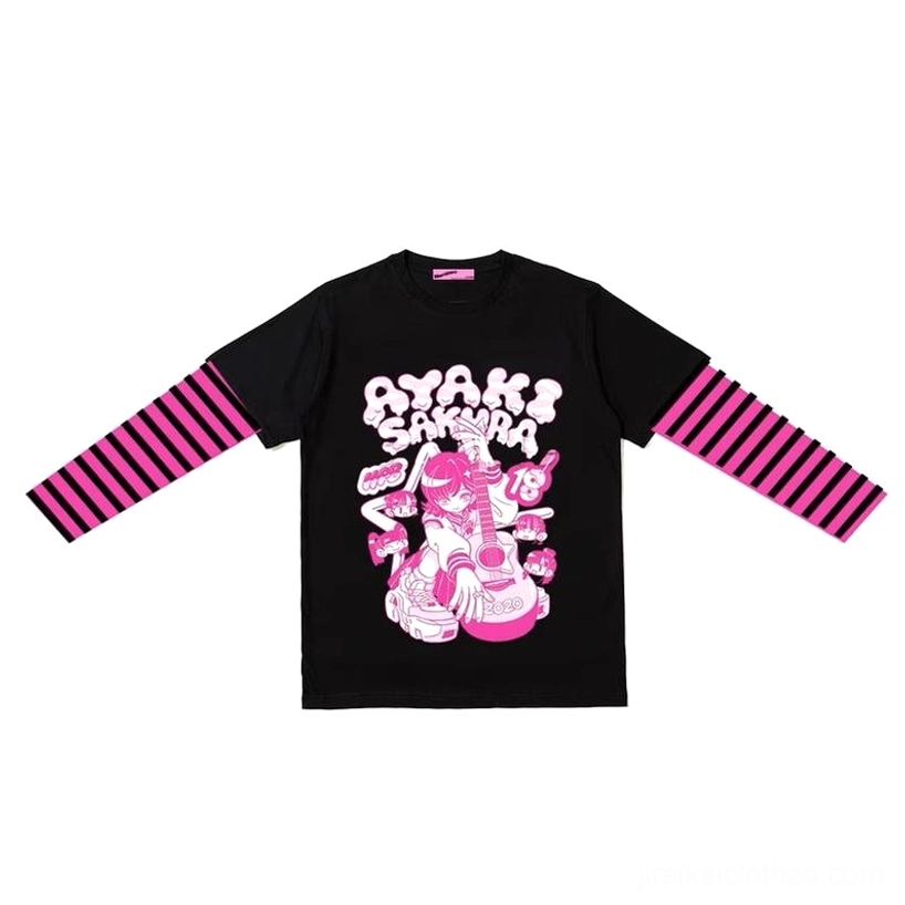 Jirai kei striped fake two-piece long sleeve anime punk graphic tee front and back design showcase