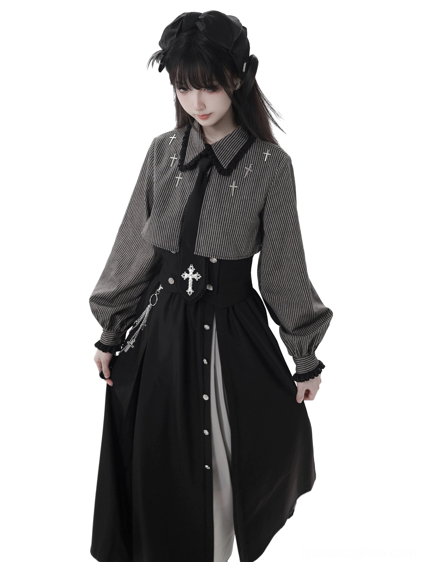 Jirai Kei detachable tie and striped blouse neckline detail showcasing black lace ruffles and gothic aesthetic