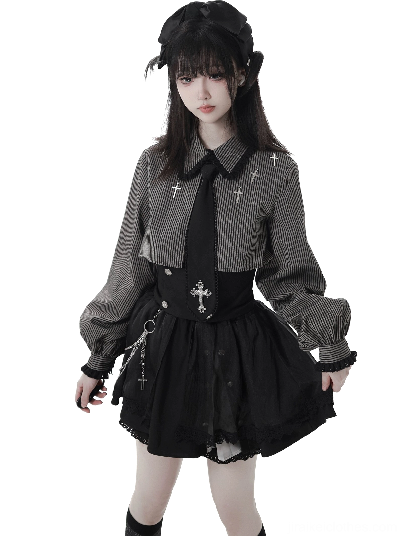 Jirai Kei striped cropped blouse with ruffled short black skirt multiple cross emblems and waist chain cropped front view