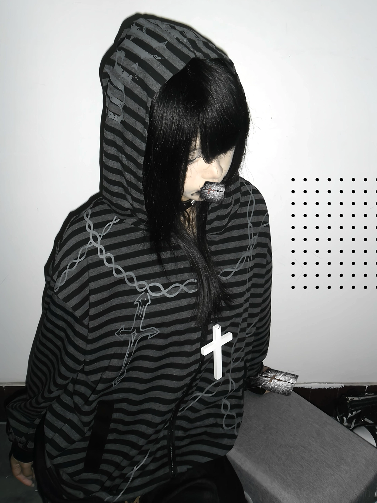 Jirai Kei dark aesthetic striped hoodie detail showcase highlighting cross and chain print motifs on black-grey stripe fabric