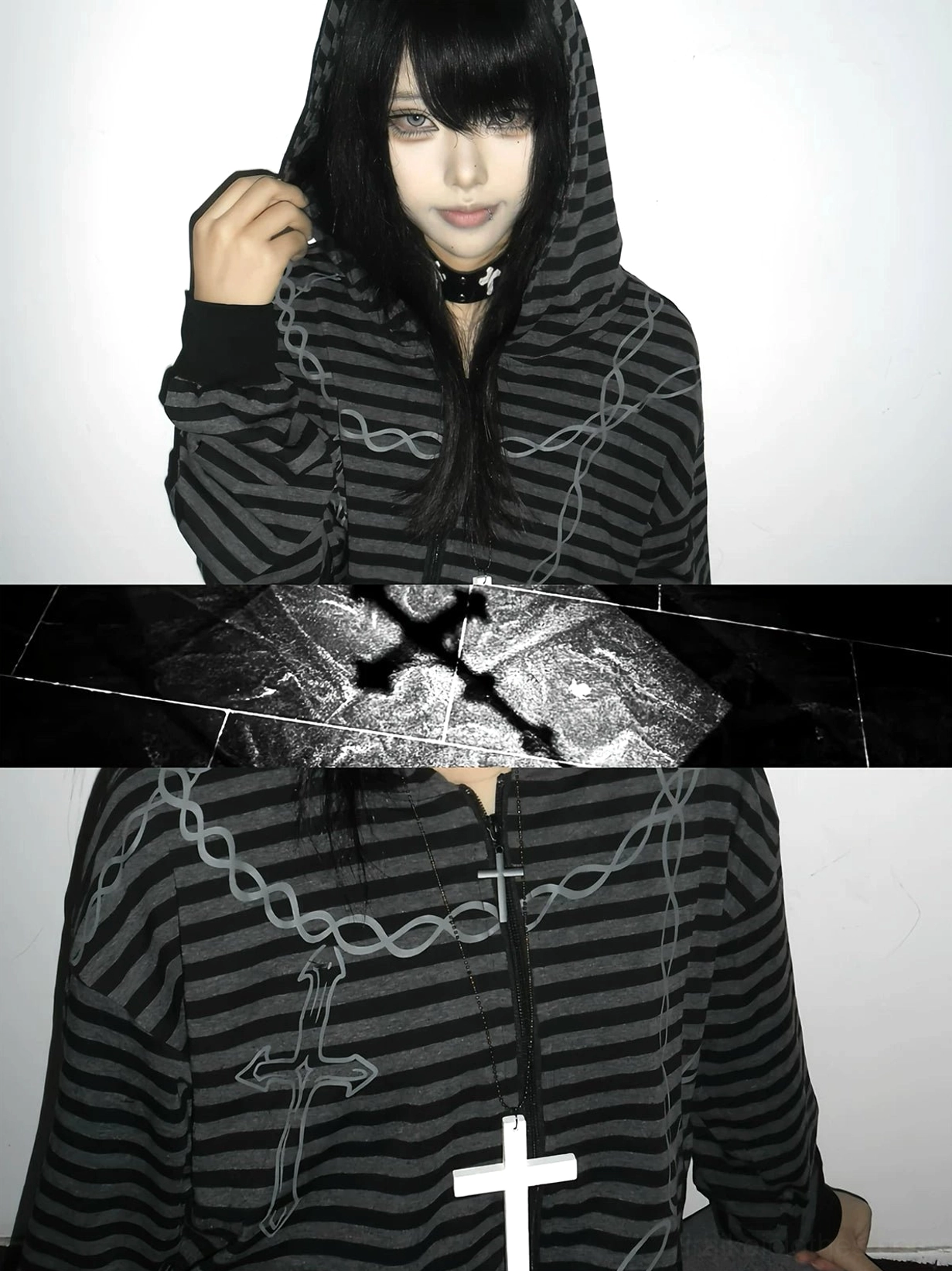 Gothic striped zip-up hoodie summer lightweight thickness version showcasing UV-protective fabric in daylight setting