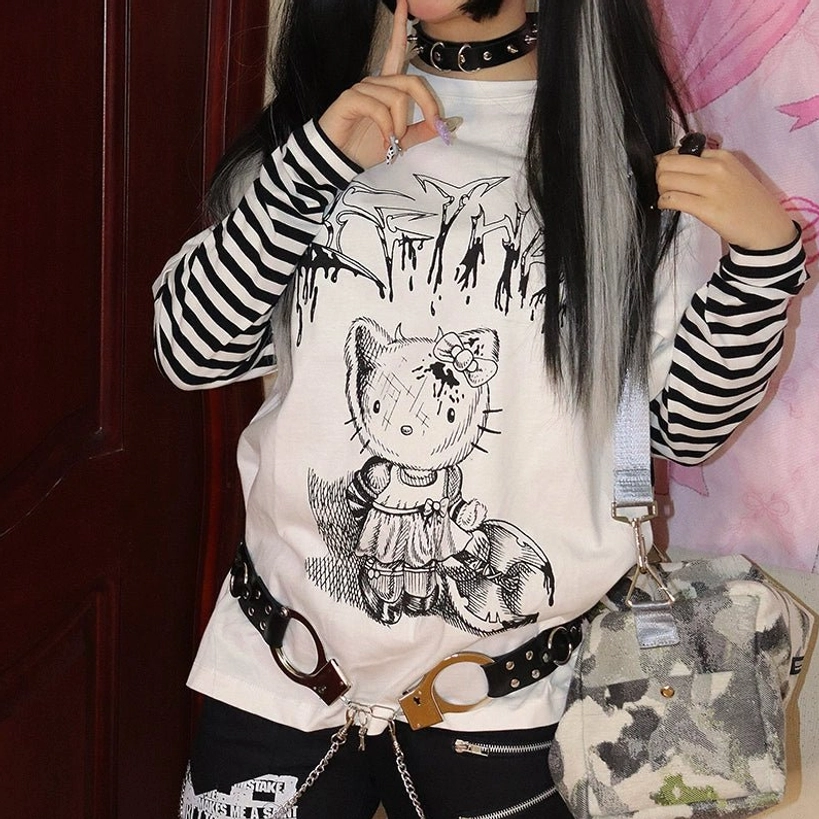 Jirai kei striped false two-piece long sleeve punk tee jk girl inspired anime graphic character design