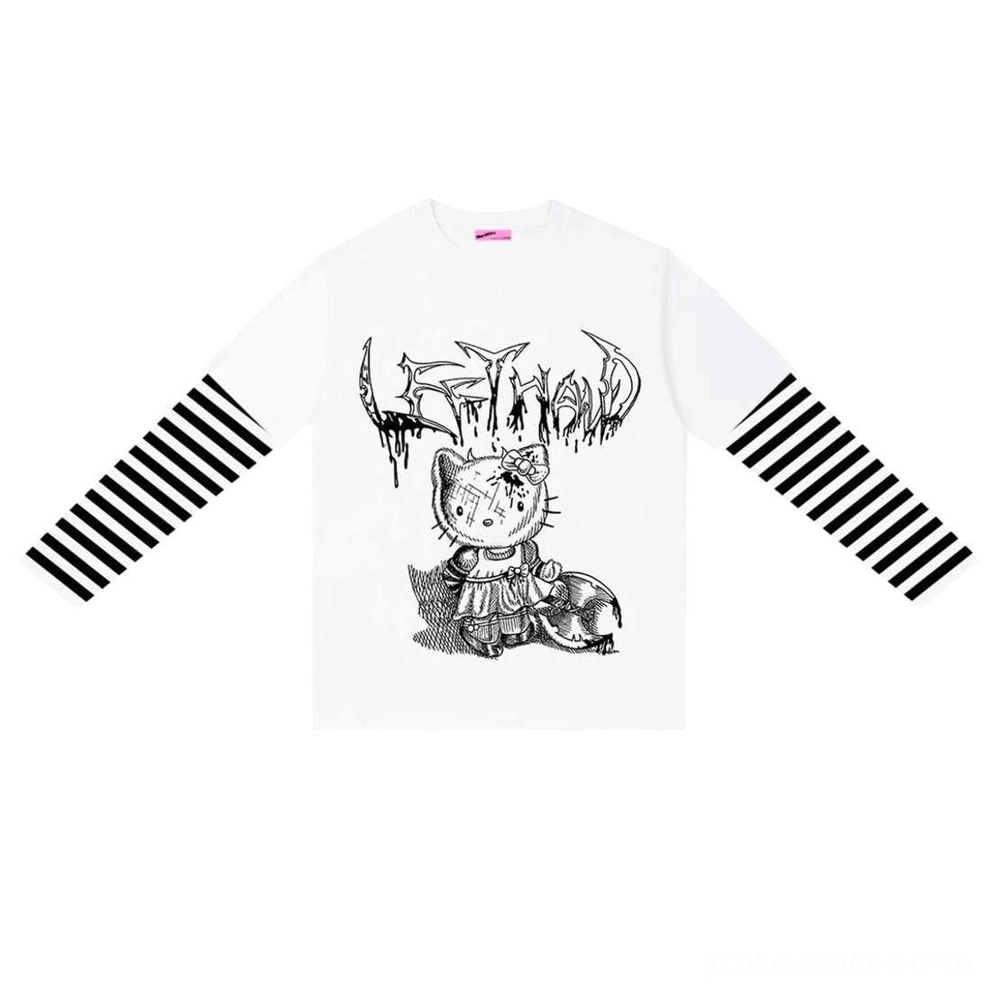 Jirai kei striped false two-piece long sleeve punk tee black cat anime graphic design detail shot
