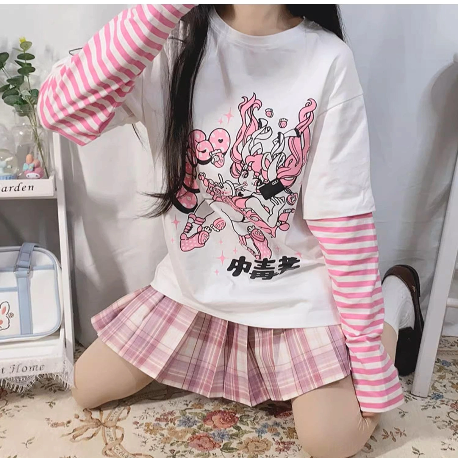 Jirai kei striped fake two-piece long sleeve punk anime tee worn with goth subculture complete outfit styling