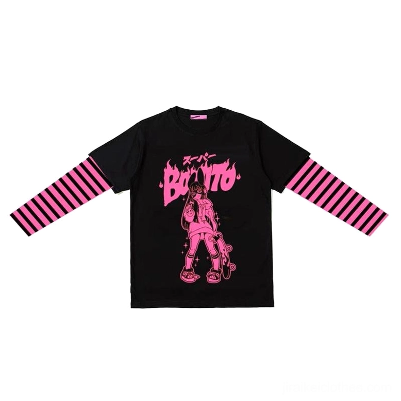 Jirai kei false two-piece long sleeve striped punk tee styling with platform shoes and subculture accessories