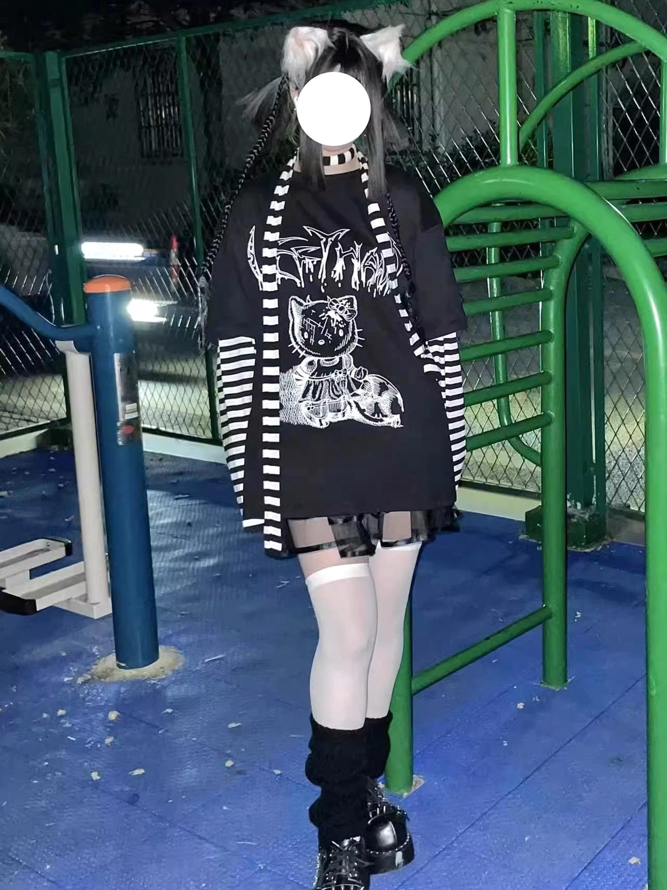 Jirai kei striped punk tee false two-piece design versatile styling option with various alternative fashion pieces