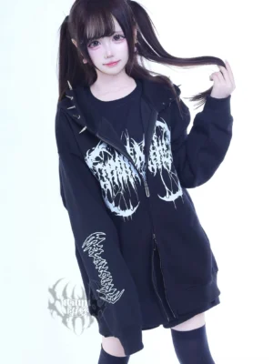 Jirai Kei studded punk zip hooded jacket with gothic prints front three-quarter view oversized black silhouette metal spike hood studs white graphic