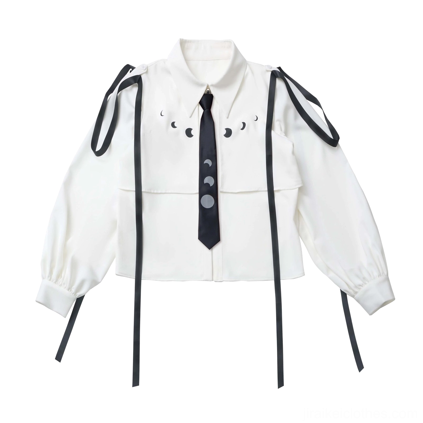 Jirai Kei ensemble styling guide displaying coordination of moon-print blouse with matching tie, waist accessories, and coordinated leg warmer elements
