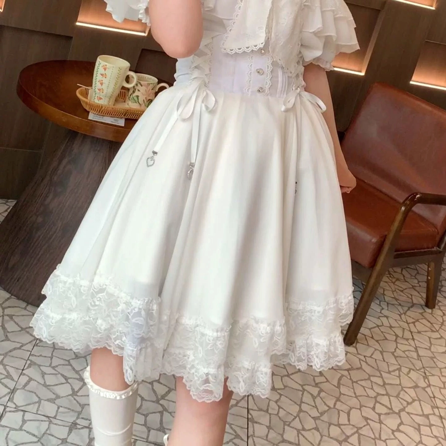Jirai Kei summer fashion blouse ruffle shawl with open shoulder design and adjustable waist tie skirt