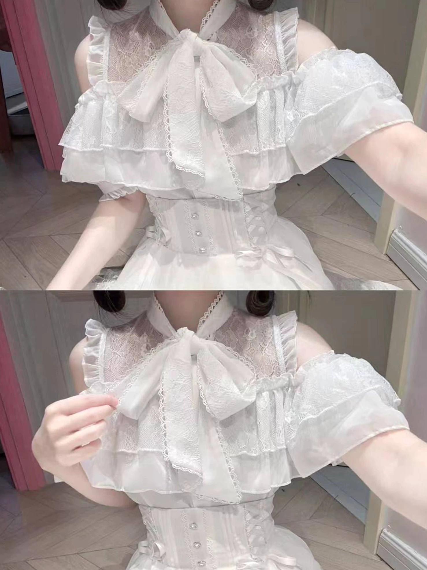 Jirai Kei summer outfit layered ruffle blouse with bow neckline and double-layer lace hem skirt styling