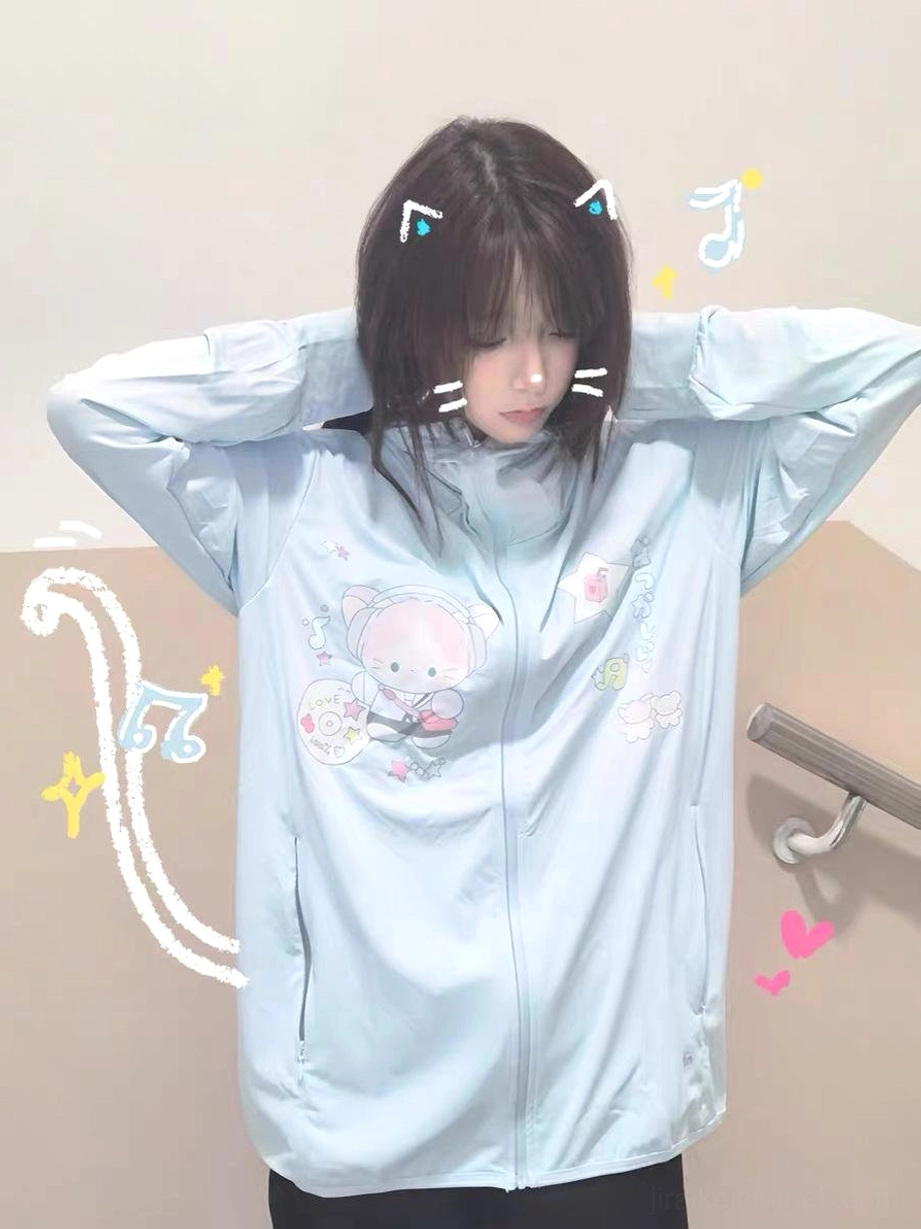 Kawaii jirai kei sun-protective jacket water blue, showcasing full-coverage design for head, face, neck, and hands with UPF50 plus fabric technology