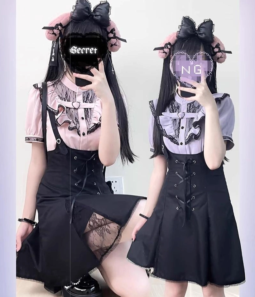 Jirai kei suspender skirt back view shirring detail adjustable straps and A-line silhouette from behind