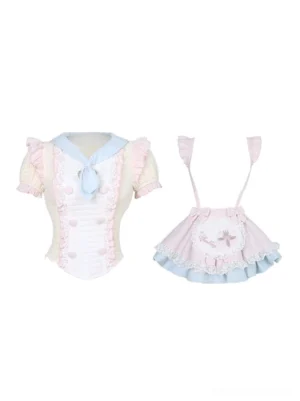 Jirai kei outfit pieces separated flat lay white background showing blouse suspender skirt ruffled trim cross embroidery details pastel colors
