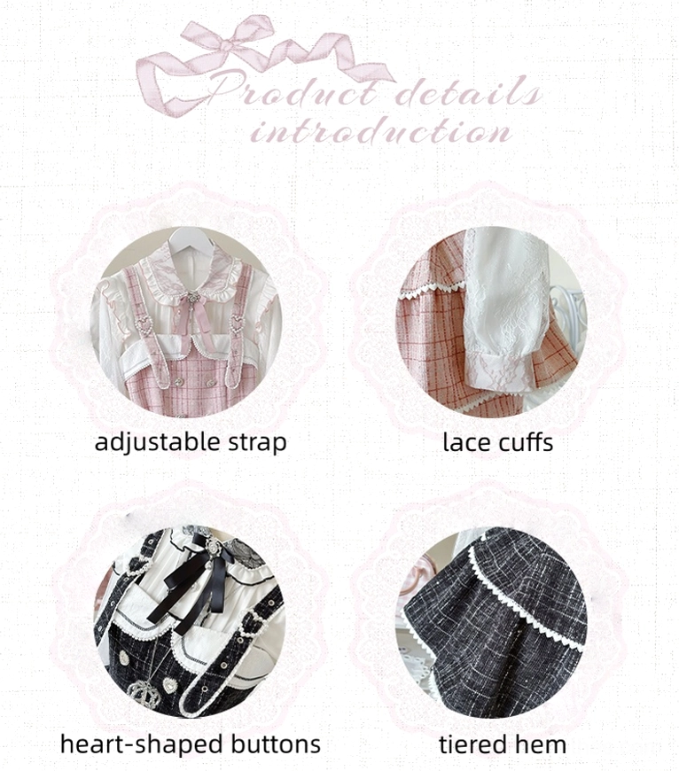 Jirai Kei suspender skirt close-up details showing adjustable shoulder straps, lace cuffs, heart-shaped buttons, and tiered hem