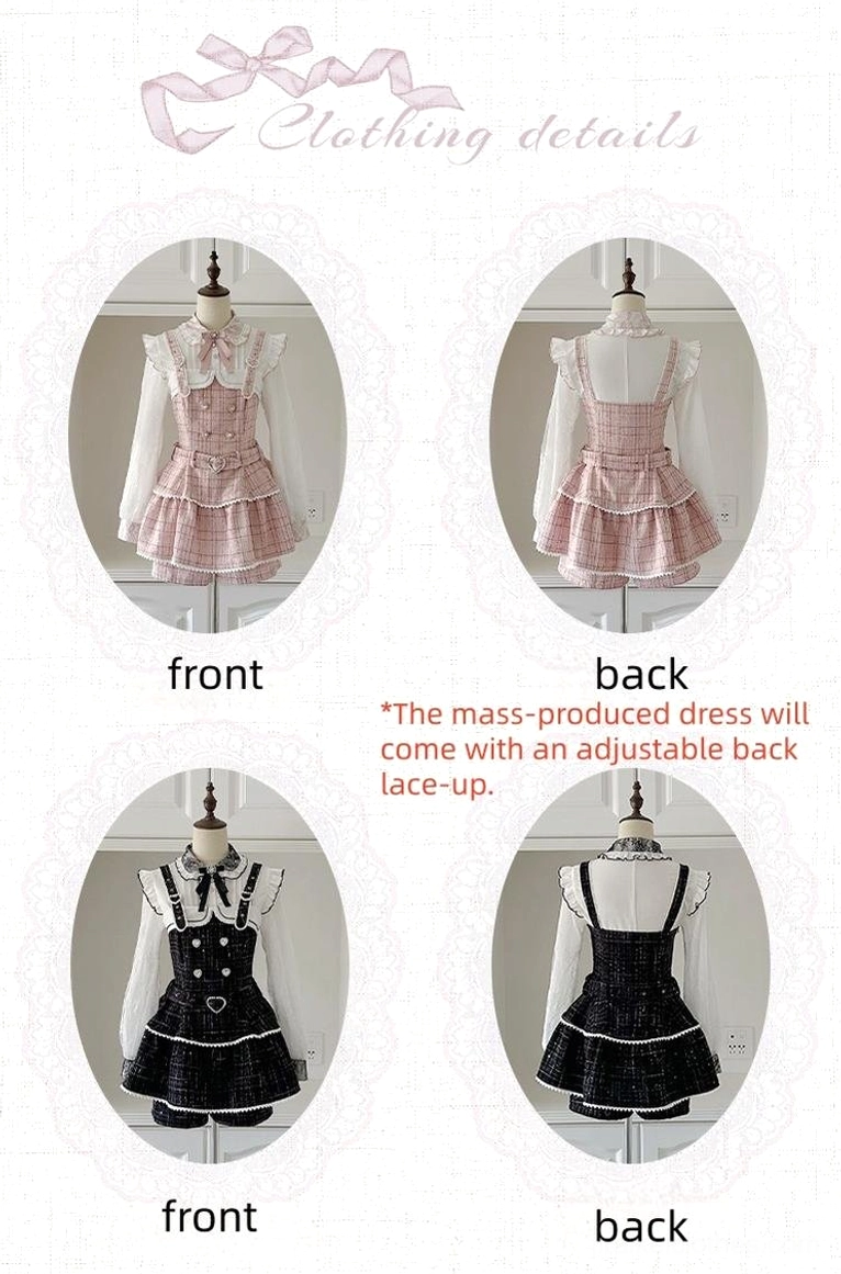Jirai Kei suspender skirt flat product showcase front and back views, black and pink color options detail information poster