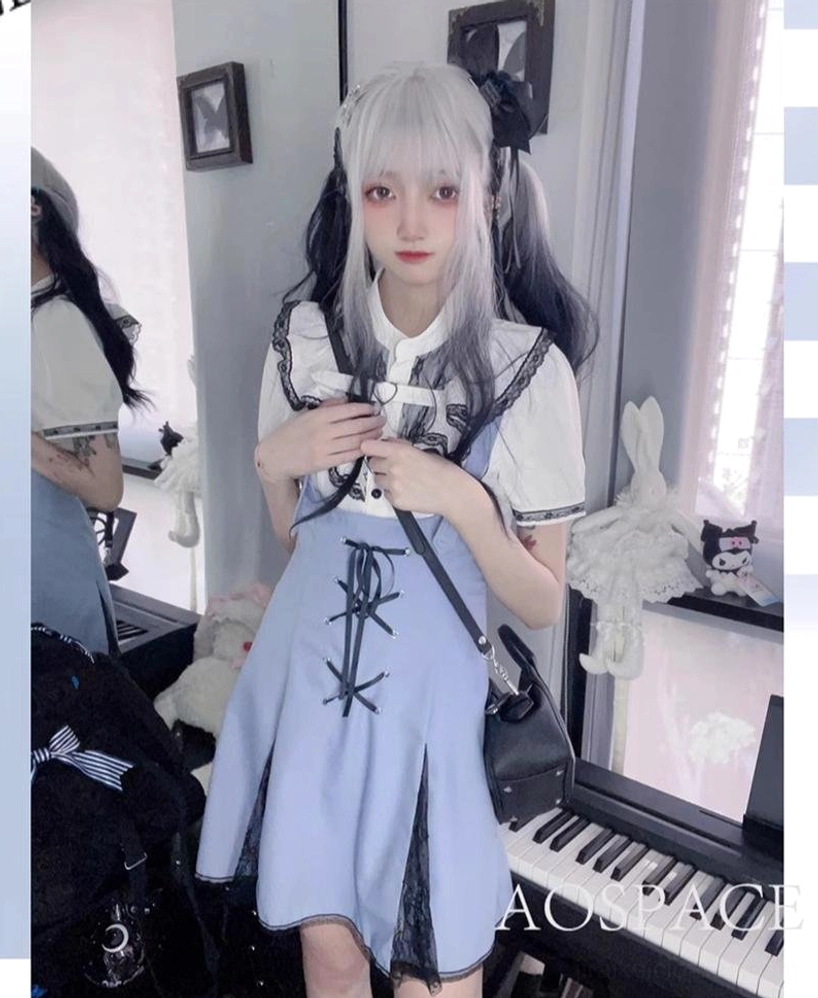 Jirai kei suspender skirt front lace-up design with eyelets ribbon threading adjustable fit detail