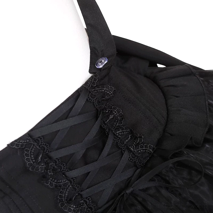 Jirai Kei suspender skirt front view adjustable straps high waist corset black lace ruffled hem cross pendant detail