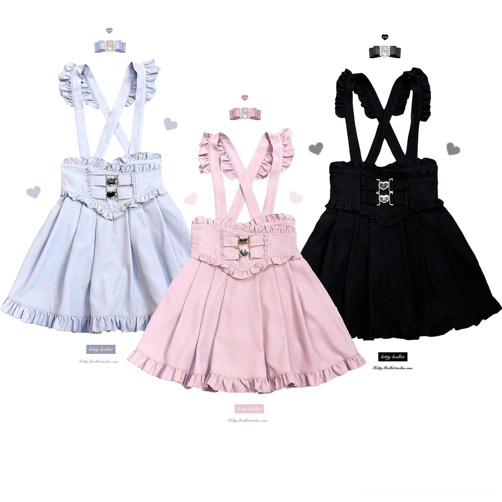 Size and fit comparison Jirai Kei suspender skirt showing v-line waist cut and high waist silhouette proportions on model